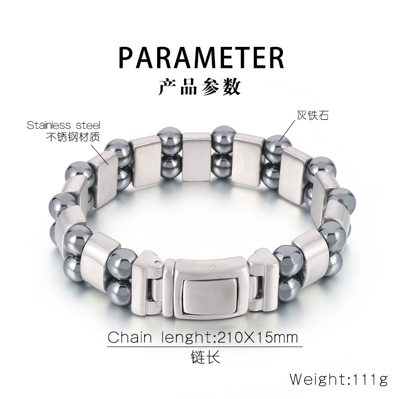 Européen et Américain Double Perle De Pierre De Fer Gris En Acier Inoxydable Lien Chaîne Bracelet Pour Hommes Cool Cadeaux 15mm 8.26 pouces 111g Lourd