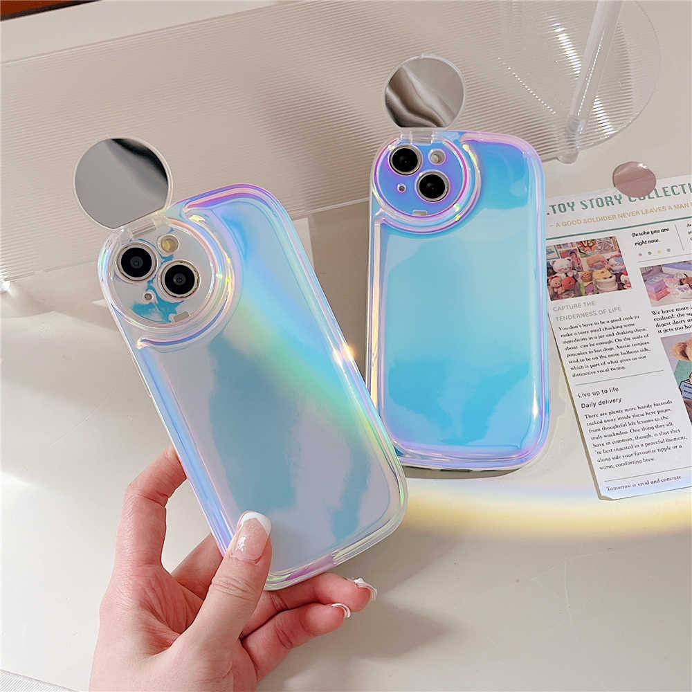 Mignon Laser Flip Miroir Titulaire Téléphone Cas Pour iPhone 14 13 12 11 Pro Max Plus Caméra Protection Airbags Antichoc Couverture Souple L230619