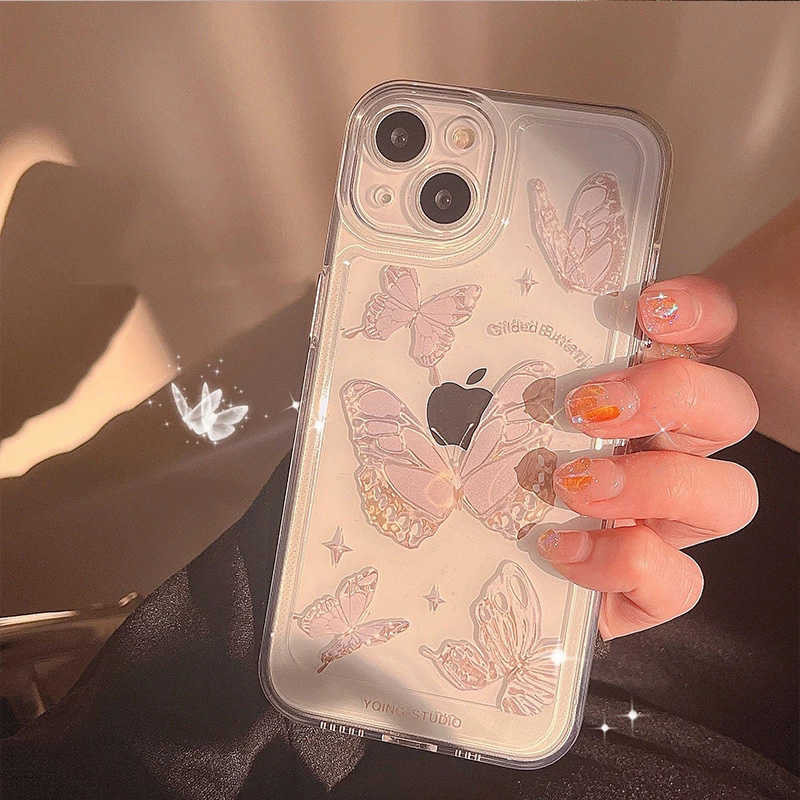 Funda de teléfono transparente con mariposa de cristal para iPhone 14 13 12 11 Pro Max XS X XR 7 8 Plus, funda de parachoques transparente de lujo a prueba de golpes L230619