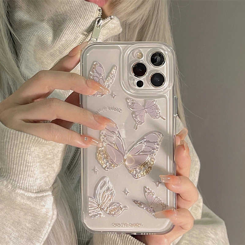 Funda de teléfono transparente con mariposa de cristal para iPhone 14 13 12 11 Pro Max XS X XR 7 8 Plus, funda de parachoques transparente de lujo a prueba de golpes L230619