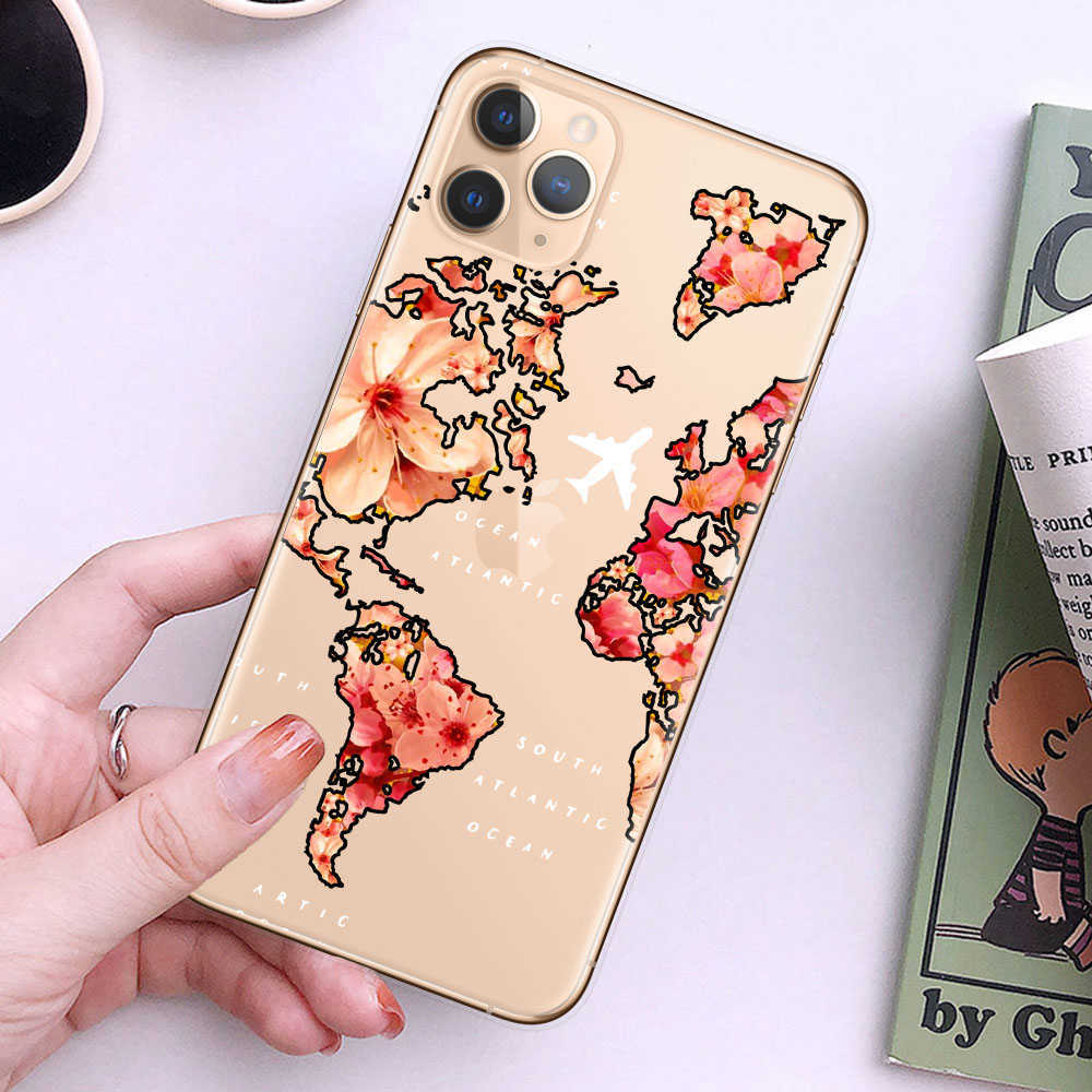 World Map Travel Soft TPU Phone Cases For iPhone 14 13 12 Pro XS Max XR 7 8 Plus Plane Cover For iPhone 11 SE2020 Coque L230619