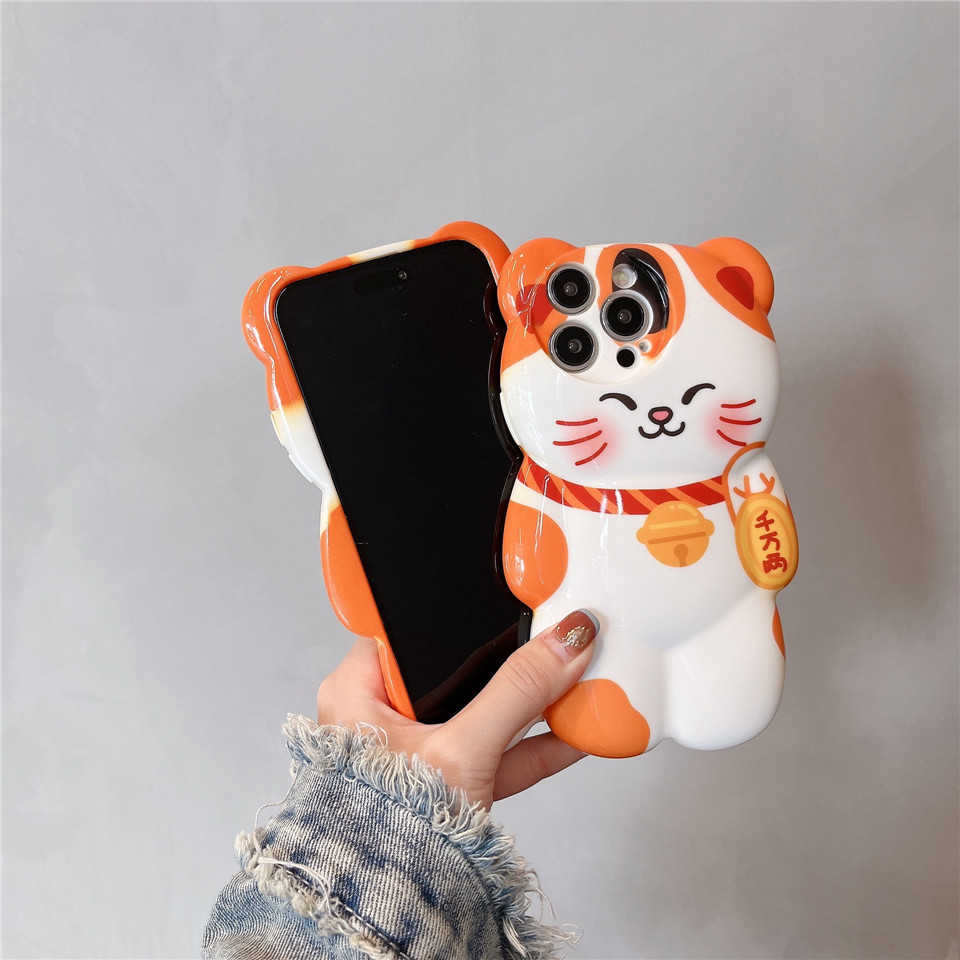 Cute 3D Lucky Cat Phone Case For iPhone 14 Plus 11 12 13 Pro Max X XR XS Max Soft Cover Silicone Shockproof Cases For 14 Pro L230619