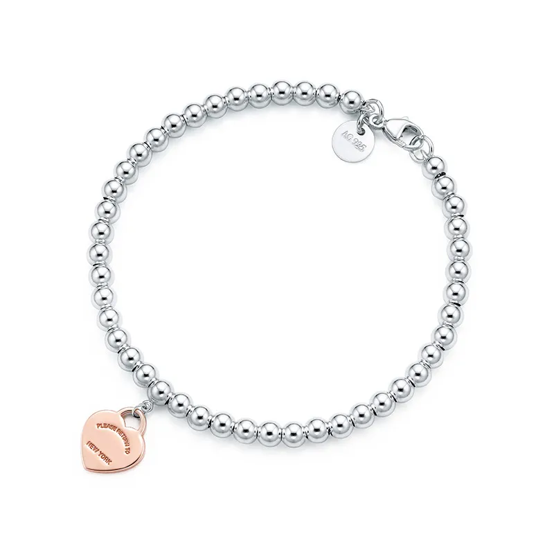 100% TIFF 925 Silver 4mm redonda Love Love Bracelet em forma de coração Feminino espessado de fundo espessado para a namorada Sovevenir Gift Fashion Charm Jewelry Broa