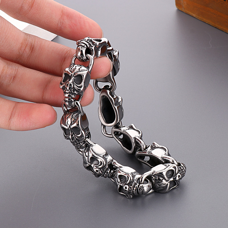 Personality Punk Mens Bracelet Casting Skull Link Chain Bangle Stainless Steel Jewelry for Mens Boys 10mm 8.26inch 70g