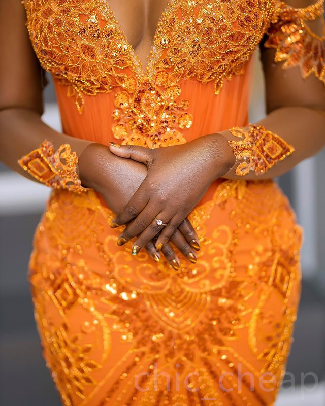 2023 Aso ebi oranje zeemeermin prom jurk lovertjes kant avond formeel feest tweede receptie verjaardag verlovingsjurken jurken jurken robe de soiree zj736