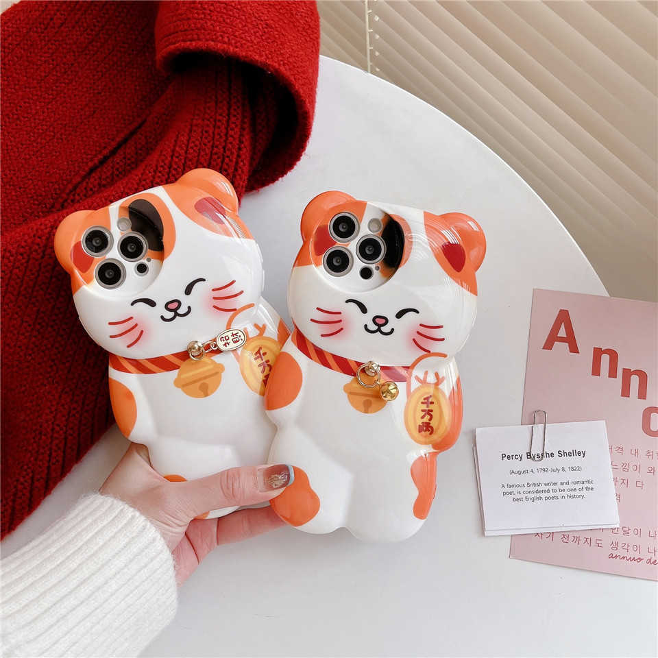 Cute 3D Lucky Cat Phone Case For iPhone 14 Plus 11 12 13 Pro Max X XR XS Max Soft Cover Silicone Shockproof Cases For 14 Pro L230619