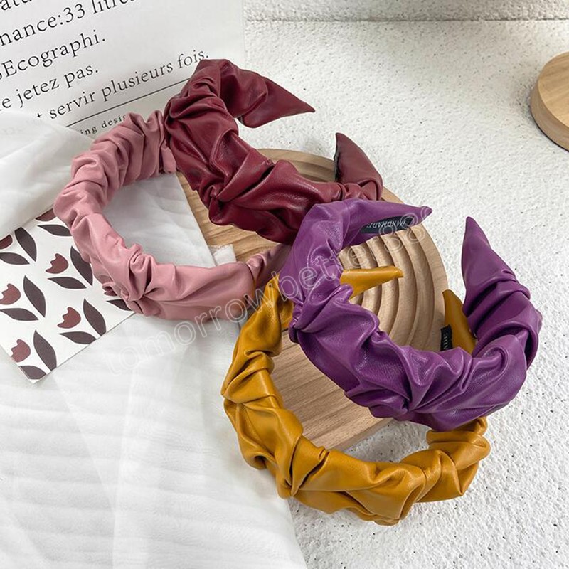 Fashion Women Headband Wide Side PU Leather Hairband Pleated Flower Headwear Solid Color Casual Turban Hair Accessories