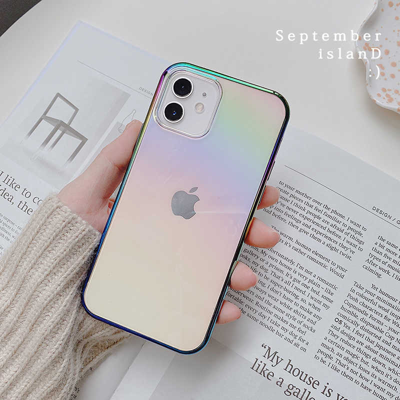 Luxury Square Glossy Electropating Transparent Laser Rainbow Soft Hard Phone Case For iPhone 14 13 12 Pro Max 11 Mini Cover L230619