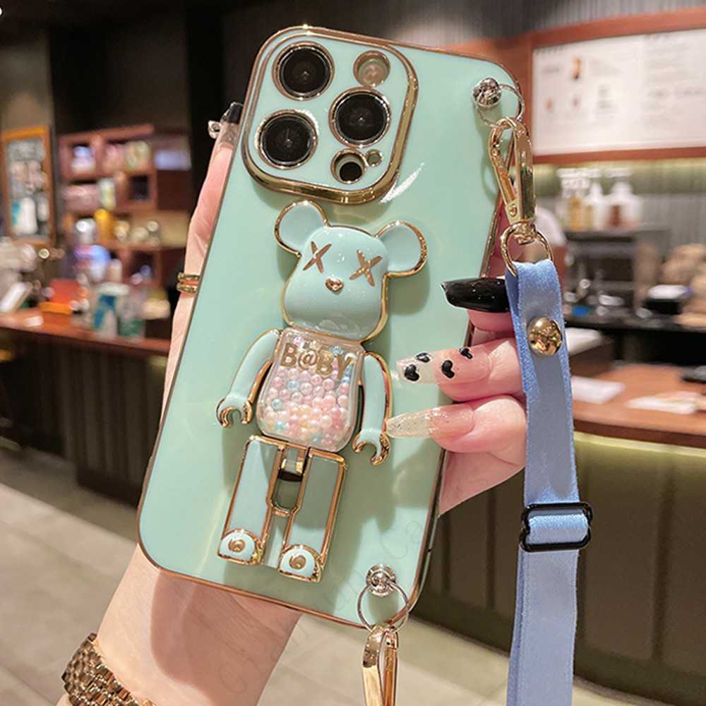 Quicksand Bear Holder Bracelet Strap Lanyard Phone Case for iPhone 14 12 Pro Max Mini 11 13 Pro XS XS XR 6 S 7 8 PLUS SE PLATING L230619