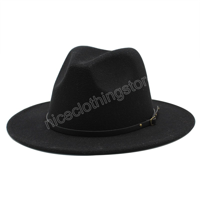 Män kvinnor bred grim ull filt fedora panama hatt med bältesspänne jazz trilby cap party formell topp hatt i stor storlek 56-58 cm