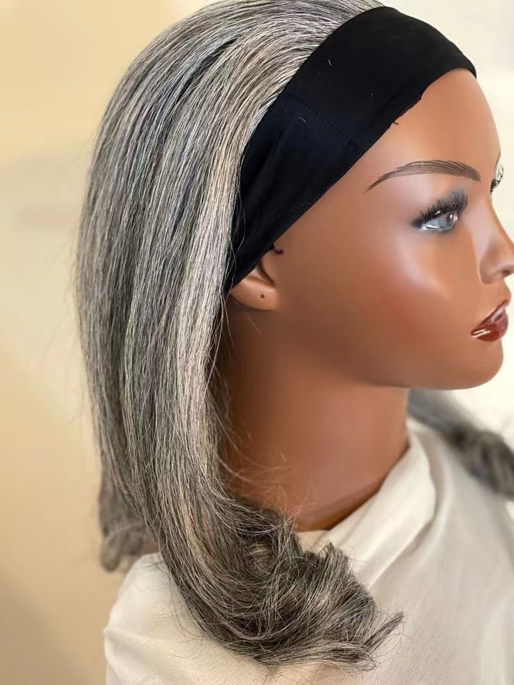 Peluca gris con diadema, gris claro, recta, con banda para la cabeza, pelucas para mujeres negras con diadema, pelucas hasta los hombros, color gris, pelucas sin cola de 18 pulgadas para uso diario