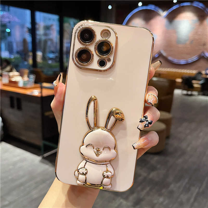 Luxury Cute Stand Rabbit Soft Phone Case för iPhone 14 13 12 11 Pro Max XS XR 7 8 Plus Mini Sock Proof Silicone Kickstand Cover L230619