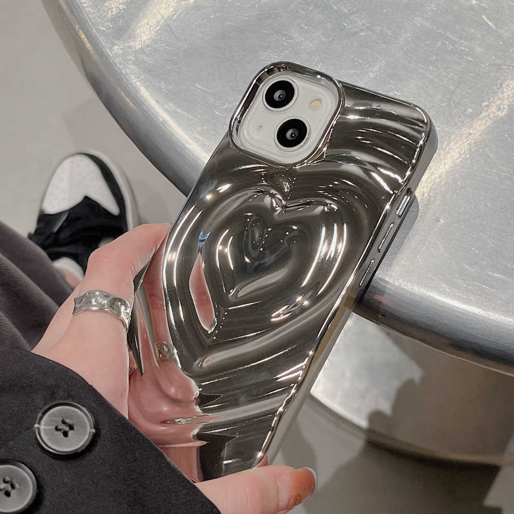 Luxury Electroplate Silver 3D Heart Water Ripple Telefonfodral för iPhone 14 13 12 11 Pro Max Cases Soft Silicone stötsäkert Shell L230619