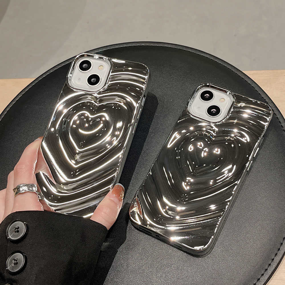 Luxury Electroplate Silver 3D Heart Water Ripple Telefonfodral för iPhone 14 13 12 11 Pro Max Cases Soft Silicone stötsäkert Shell L230619