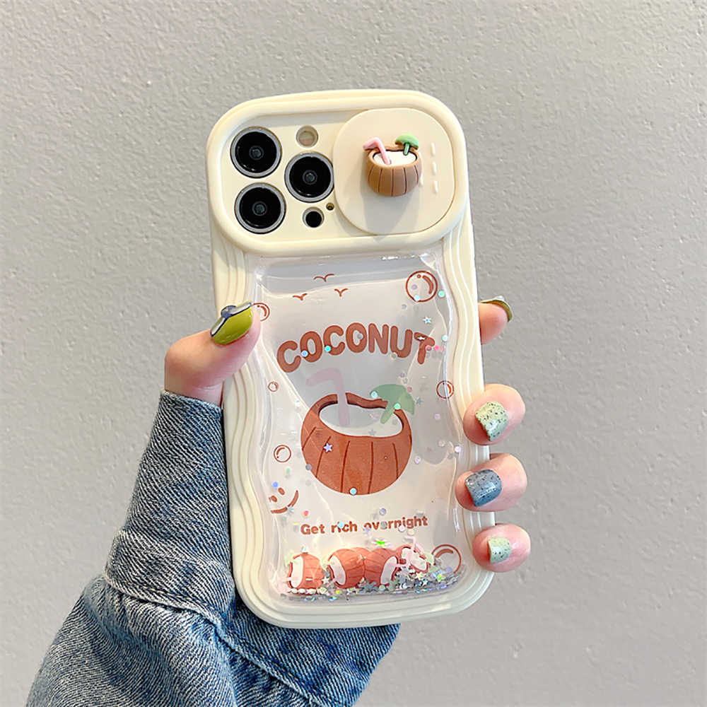 3D Mignon Pêche Drôle Fraise Dessin Animé Liquide Quicksand Bling Glitter Téléphone Cas Pour iPhone 14 13 12 11 Pro Max Couverture Arrière Souple L230619