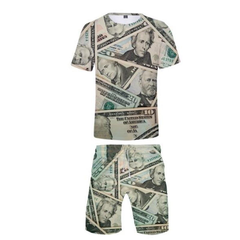 Mensu-trajes em dólares em dólar em dólares 3D Imprimir camiseta curta de manga curta e shorts de praia de duas peças