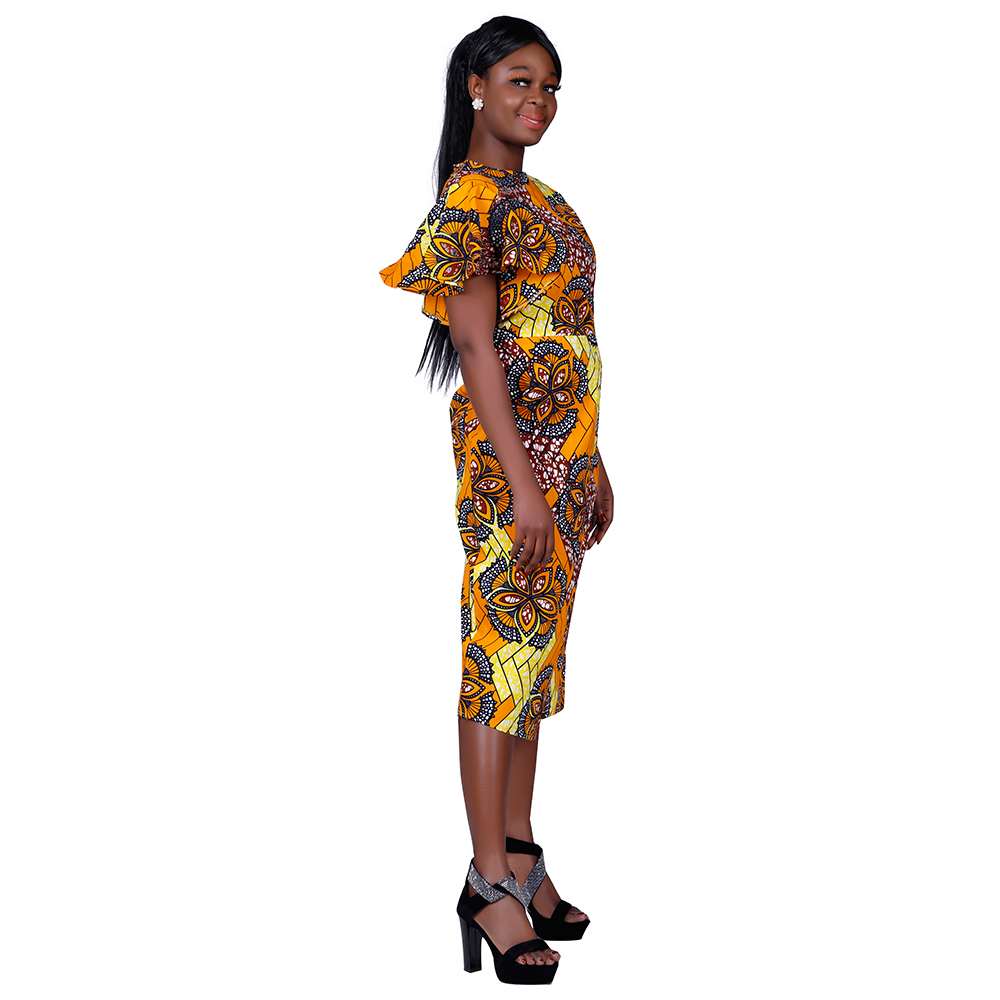 African Women Clothing Wax Print Kitenge Designs Butterfly Sleeve Dress WY8313