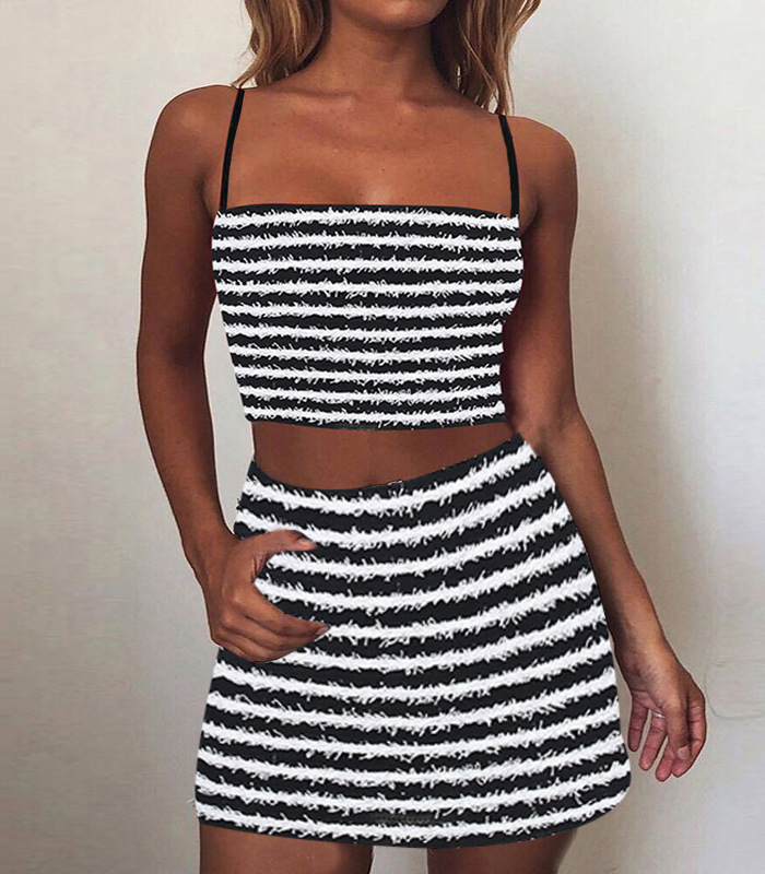 Summer Women Two Piece Dress Outfits kjol Set Flocking Black White Stripes Mönster Spaghetti Rem Croped Top och Mini Dresses Red Blue Green