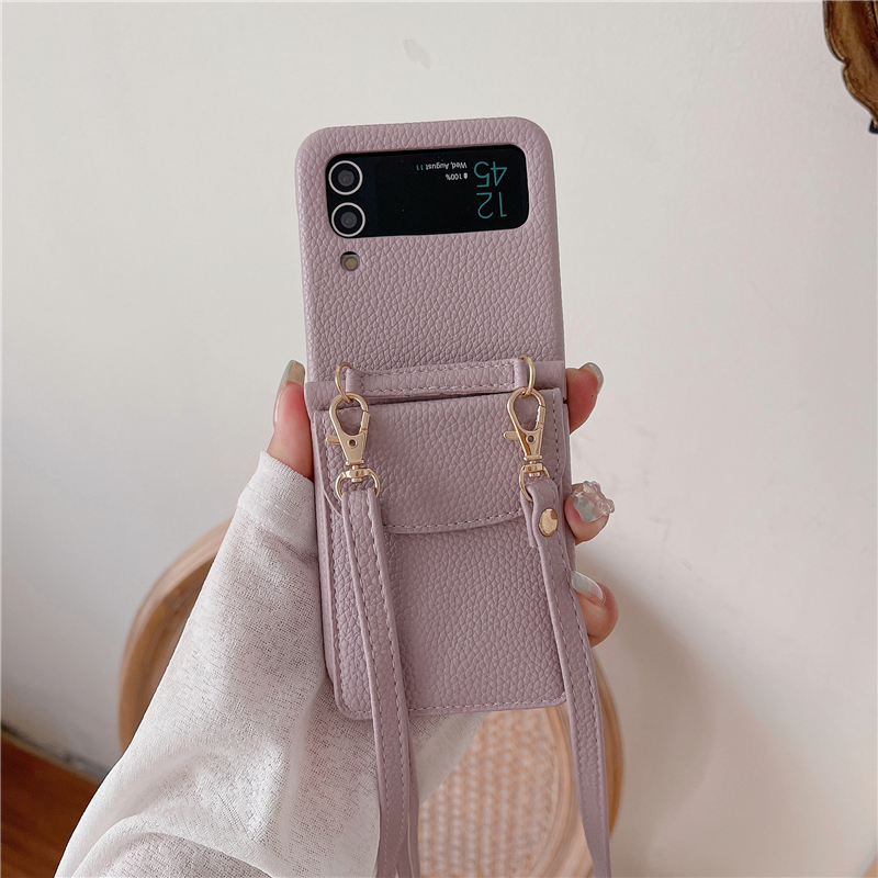 Luxury Crossbody Lychee Pattern Vogue Phone Case för Samsung Galaxy Folding Z Flip3 Flip4 Flip5 5G Hållbart justerbart Lanyard Card -spelautomat Läderplånbok Fold Shell