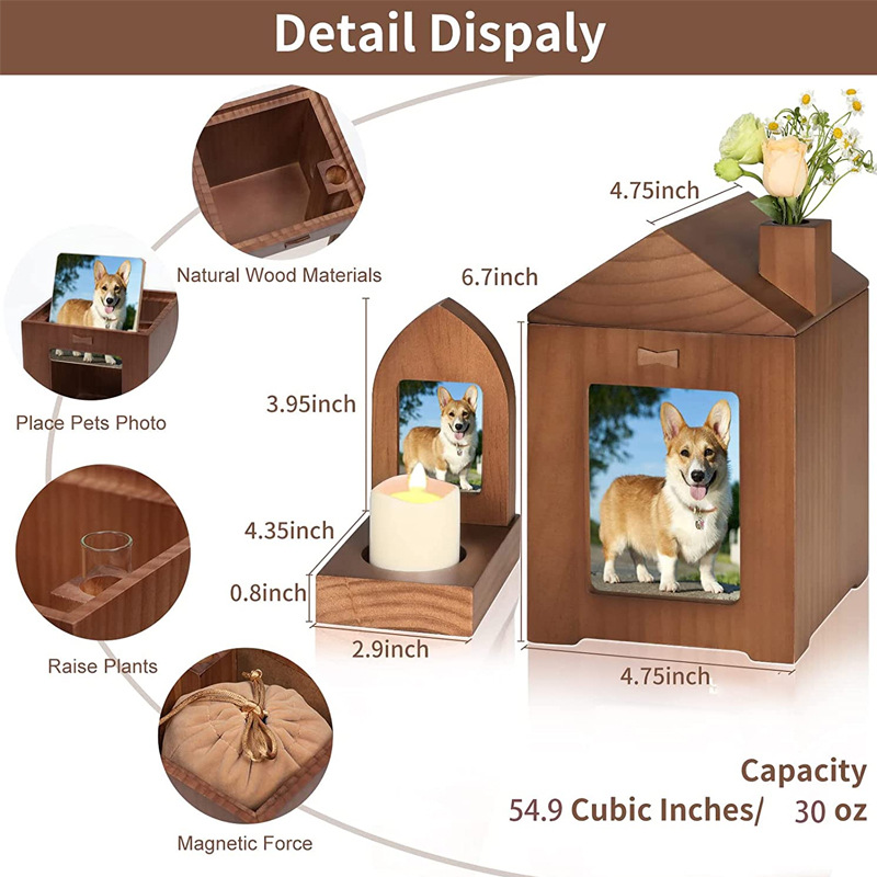 Pet Urns for Dogs Cats Ashes Dog Memorial Keepsake Wooden Urns with Photo Frame & Candle Holder Pet Funeral Cremation Urns Box Wood Caskets as Sympathy Gifts for Pet