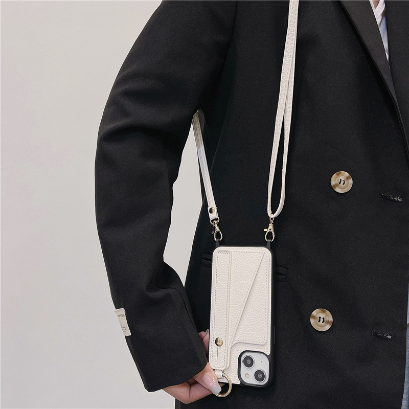 Luxe Crossbody Wristband Lychee Print Vogue Phone Case pour iPhone 14 13 12 11 Pro Max Longe Réglable Fente Pour Carte Portefeuille En Cuir Solide Embrayage Béquille Couverture Arrière