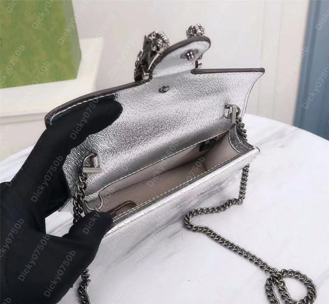 مصمم حقيبة فضية من حقائب حبال حبال الكتف مصغرة محفظة على سلسلة WOC أكياس Crossbody Card Card Phone Parse Denim Cains Dragon Righ