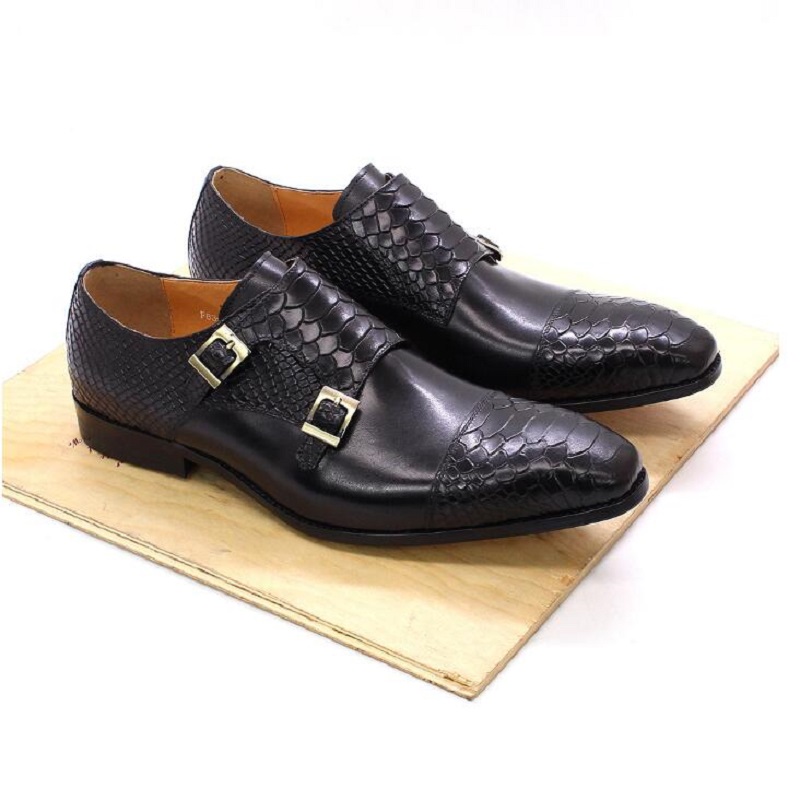 Mens Dress Shoes Genuine Leather Crocodile Pattern Classic Shoes for Men Leather Original Fashion Double Buckle Monk Strap Shoes 1AA16