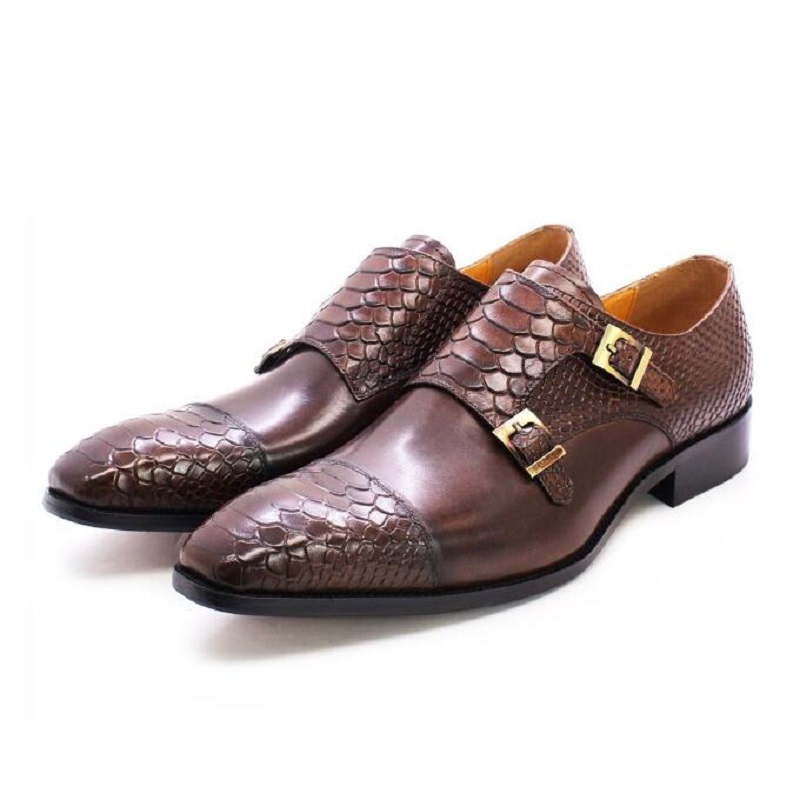 Mens Dress Shoes Genuine Leather Crocodile Pattern Classic Shoes for Men Leather Original Fashion Double Buckle Monk Strap Shoes 1AA16