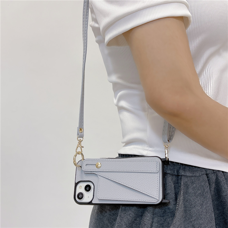 Luxe Crossbody Wristband Lychee Print Vogue Phone Case pour iPhone 14 13 12 11 Pro Max Longe Réglable Fente Pour Carte Portefeuille En Cuir Solide Embrayage Béquille Couverture Arrière