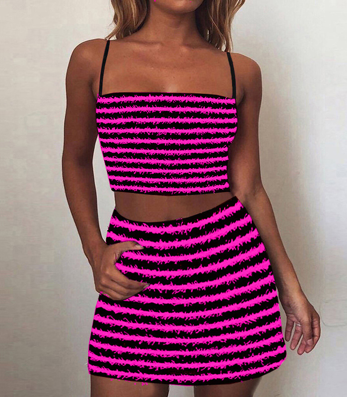 Summer Women Two Piece Dress Outfits Skirt Set Flocking Black White Stripes Pattern Spaghetti Strap Cropped Top and Mini Dresses Red Blue Green