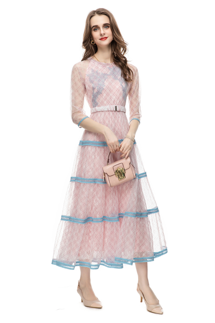 Runway-jurken voor dames O-hals 3/4 mouwen bedrukte gelaagde biezen elegante modeontwerper feestjurk