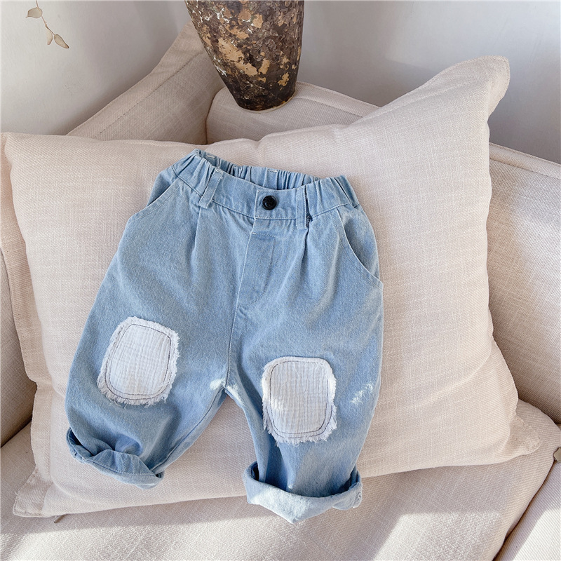 Spring Fall Kids Boys Girls Outfits Elastic Wide Loose Denim Trousers Tyg för småbarn Barn babykläder harembyxor