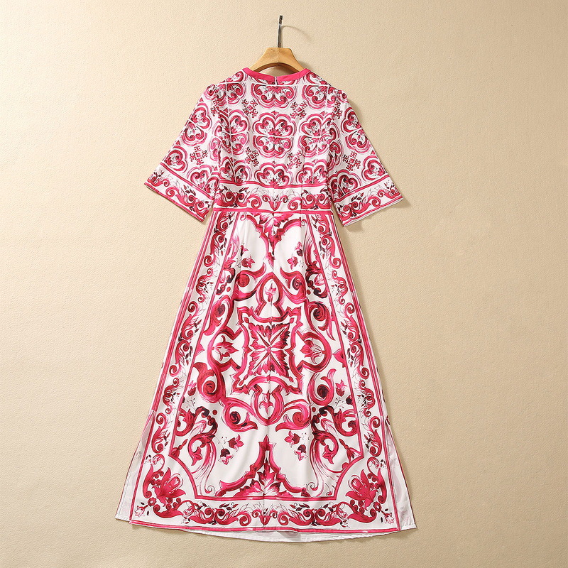 2023 Summer Red and White Porcelain Paisley Print Beaded Cotton Dress Short Sleeve Round Neck Rhinestone Midi Casual Dresses S3Q160713