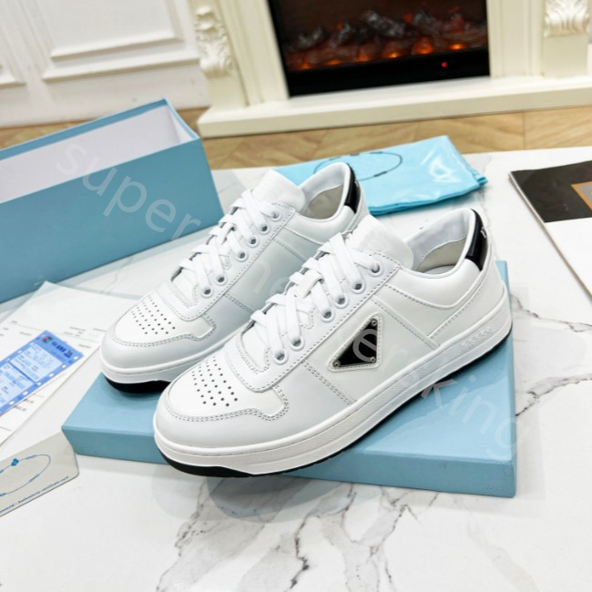 Men Women Leather Trainers Triangle Logo Sporty Shoes White Black Grey Sneaker For Woman Rubber Sole Sneakers With Box 35-46