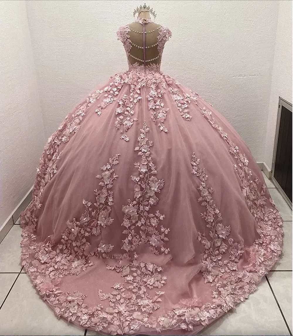 Pink Cap Sleeve Appliques 3D Flora Quinceanera Dresses Ball Gown Evening Prom Party Gowns