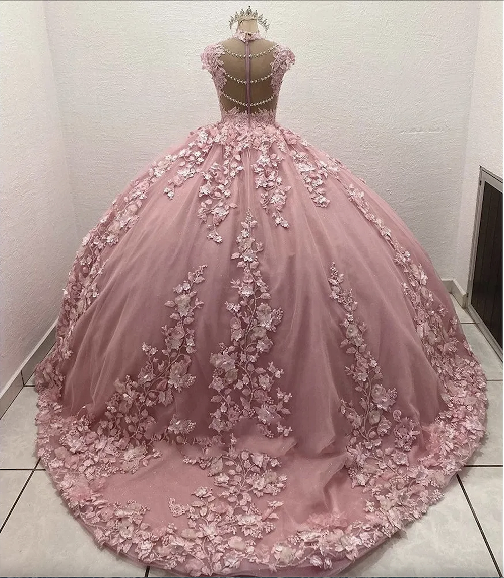 Abiti Quinceanera Abito da ballo rosa con maniche ad aletta Appliques 3D Flora Abiti da sera ballo di fine anno