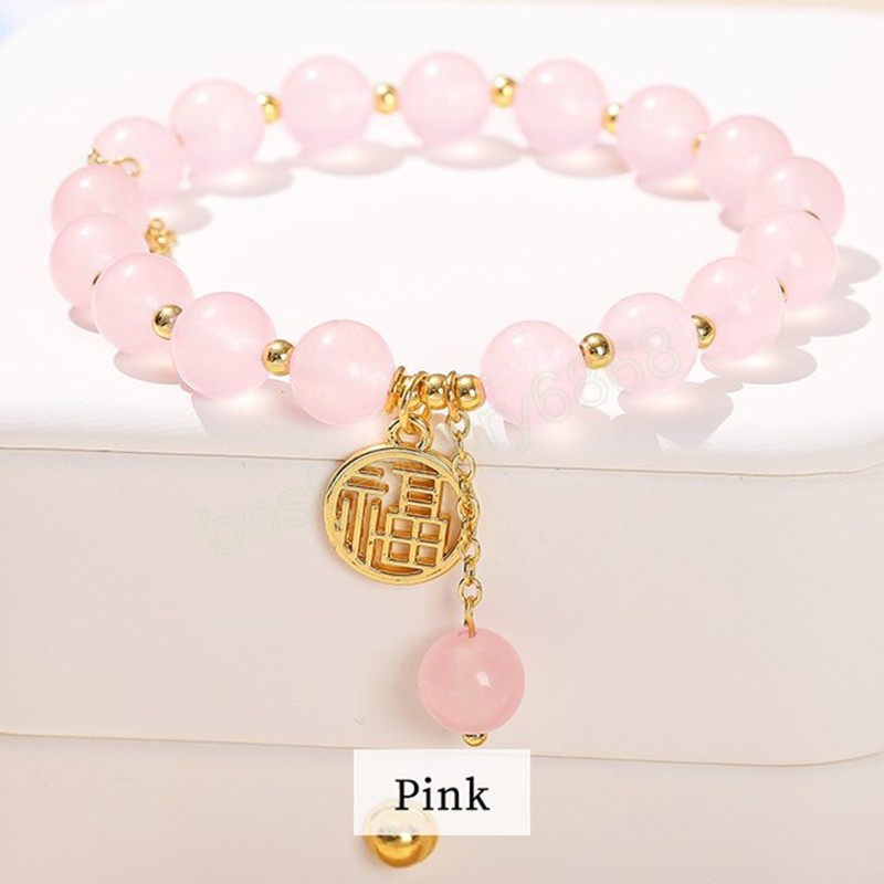 Natural Stone Pink Chalcedony Bead Lucky Charm Armband Women mode Sweet Chinese Fu Handgjorda Strand Bangles For Girl