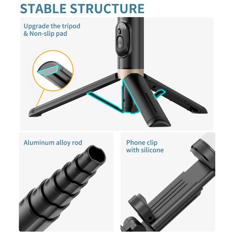 Q12 Hidden Design Trépied de télécommande renforcé Télécommande Selfie Stick en acier inoxydable