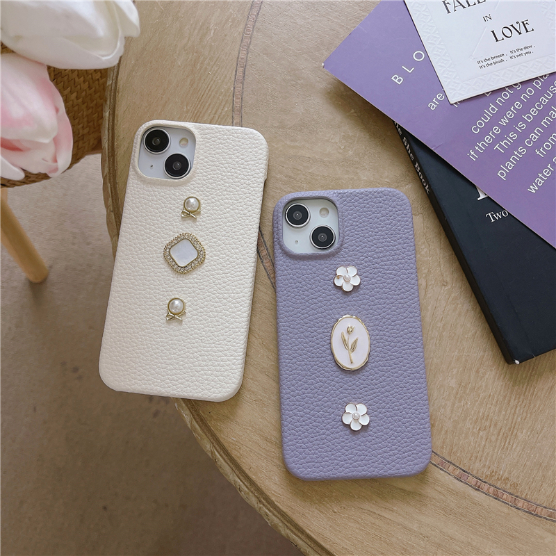 Luxury Jewelry Flower Print Vogue Phone Case for iPhone 14 13 12 Pro Max Durable Stylish Fashion Women Lychee Pattern Leather Protective Shell Shockproof