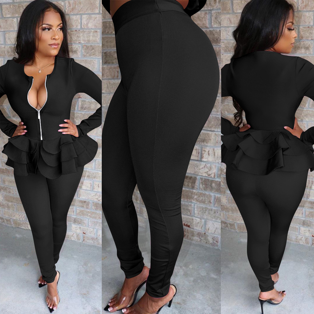 Ruffle Two Piece Pants Daily Outfits Women Casual Soild Zip Jacket and Trouser Sets Free Ship