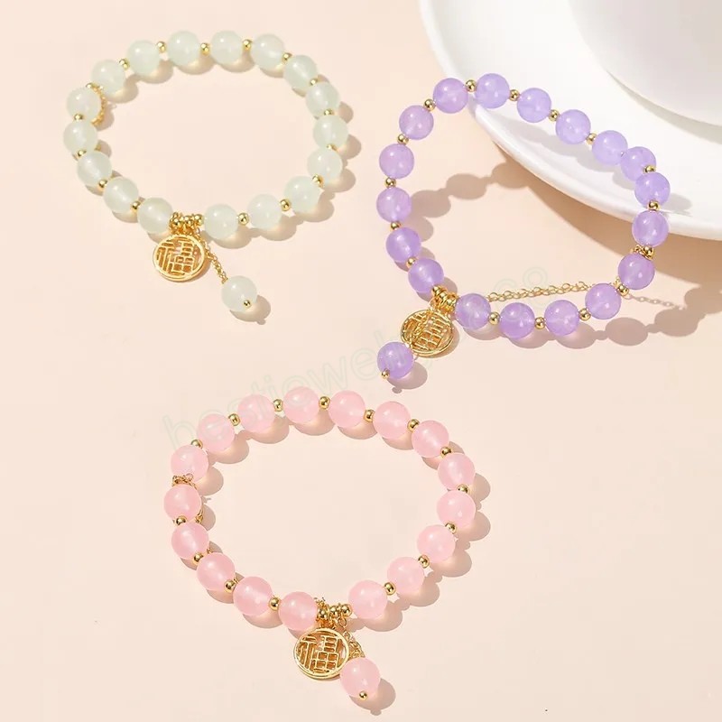 Natural Stone Pink Chalcedony Bead Lucky Charm Armband Women mode Sweet Chinese Fu Handgjorda Strand Bangles For Girl