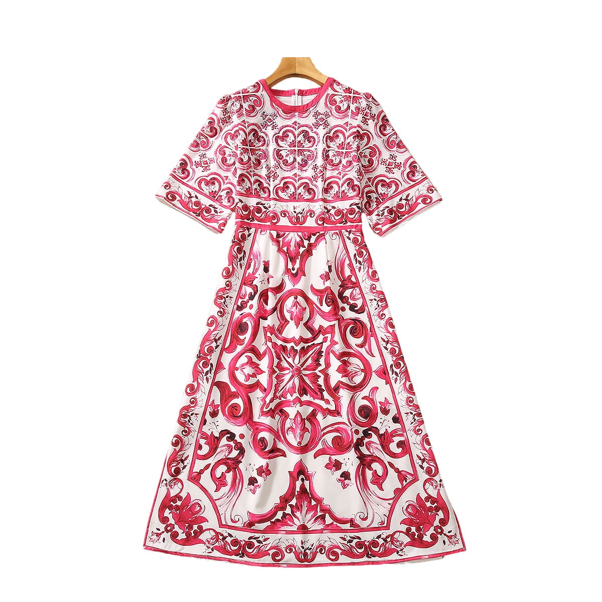 2023 Summer Red and White Porslin Paisley Print pärlor Bomullsklänning Kort ärm Runda hals Rhinestone Midi Casual Dresses S3Q160713