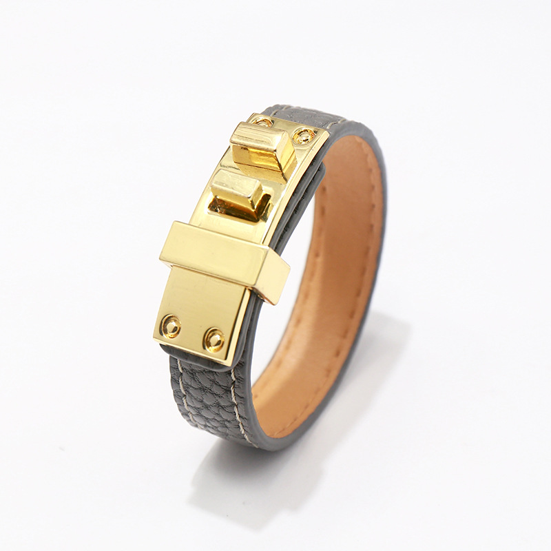 Aço de titânio quente moda PU letra lichia padrão uma pulseira de colo para mulheres pulseiras de pulso pulseiras de fivela amante meninas jóias