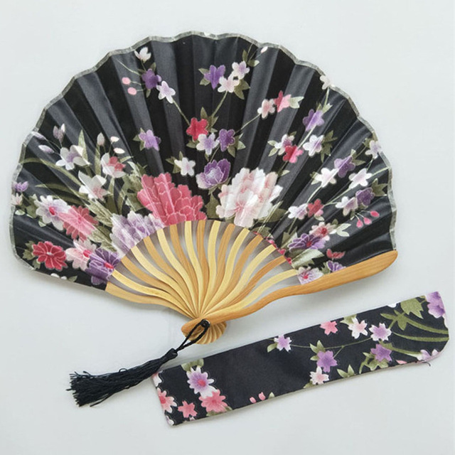 Chinese Japanese Fabric Floral Round Folding Hand Fan with Gift Bags Wedding Party Supplies