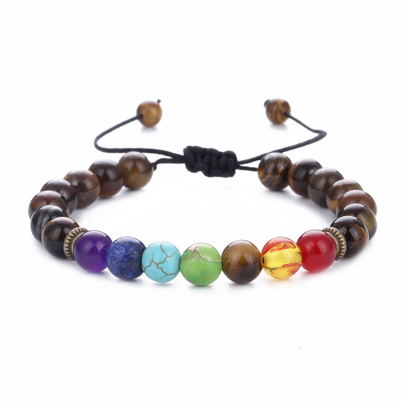 Edelstein-Perlen-Armband, Lava-Tigerauge, 7 Chakra-Armband für Männer und Frauen, Meditation, handgefertigter, verstellbarer Schmuck