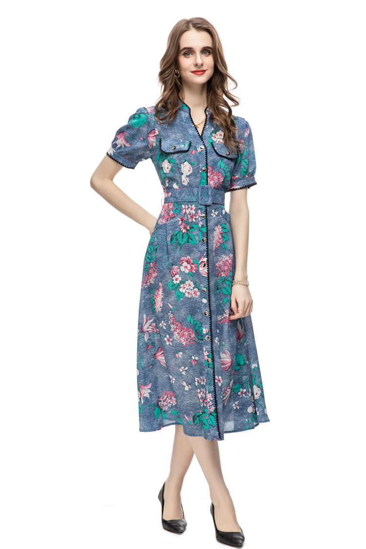 Robes de piste pour femmes Col en V Manches courtes Imprimé High Street Fashion Floral Mid Pencil Vestidos