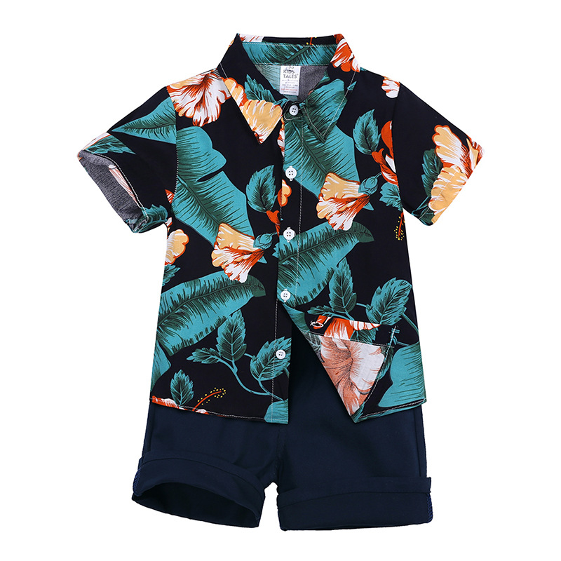 Conjunto de roupas de verão para meninos e crianças, camisa floral, tops, shorts, 2 peças, conjuntos de roupas de praia para crianças e meninos