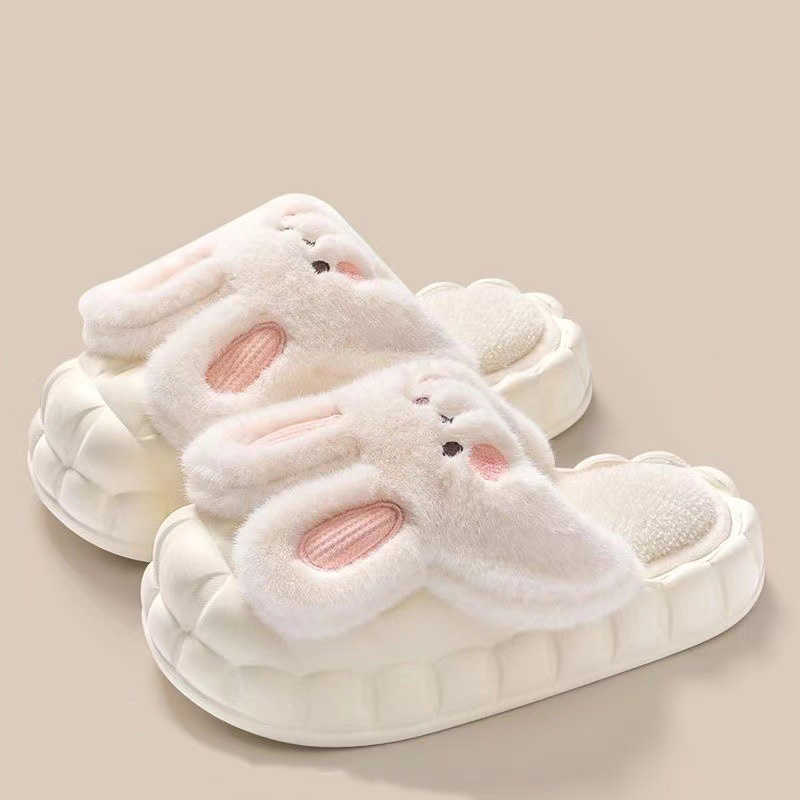 New Kawaii Indoor Cute Cartoon Rabbit Women Slippers Thick Bottom Warm Slippers Removable Home Cotton Plush Non-slip Shoes L230704