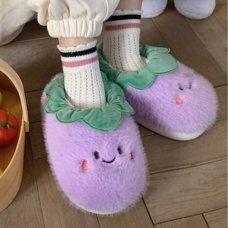 Leuke Aubergine Tomaat Pluizige Bont Slippers Vrouwen Winter Warm Gesloten Pluche Thuis Slippers Kawaii Platte Dikke Platform Slides Schoenen L230704