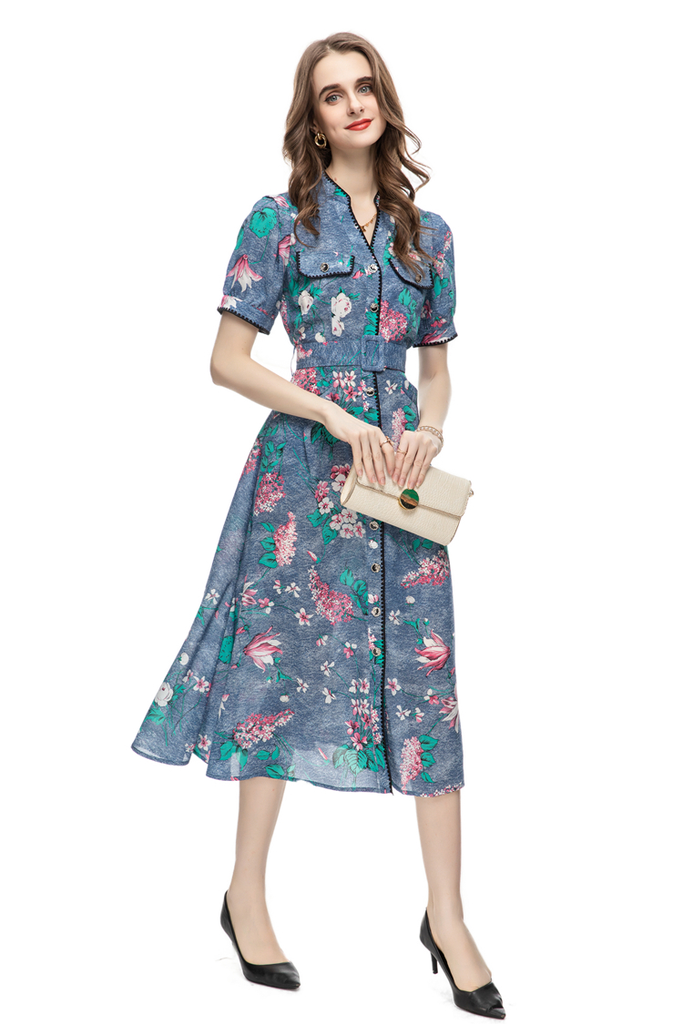 Runway-jurken voor dames V-hals Korte mouwen Gedrukt High Street Fashion Floral Mid Pencil Vestidos